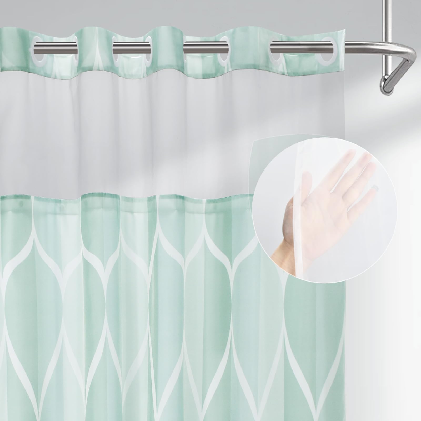 Yiatn Light Green No Hook Hotel Collection Shower Curtain - Hotel Style With See Through Mesh Top Window, Modern Geometric Water