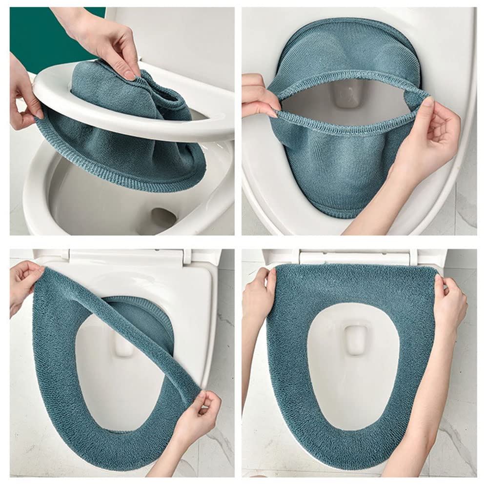 Guojanfon 3Pcs/Pack Bathroom Soft Thicker Warmer Stretchable Washable Cloth Toilet Seat Cover Pads (Dark Green)