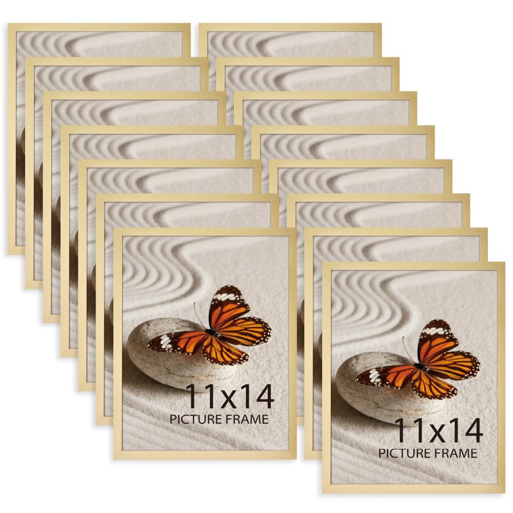 Memory Island 11X14 Photo Frames For Wall And Tabletop Display, 11 By 14 Gold Picture Frames With Hd Plexiglass, Set Of 15