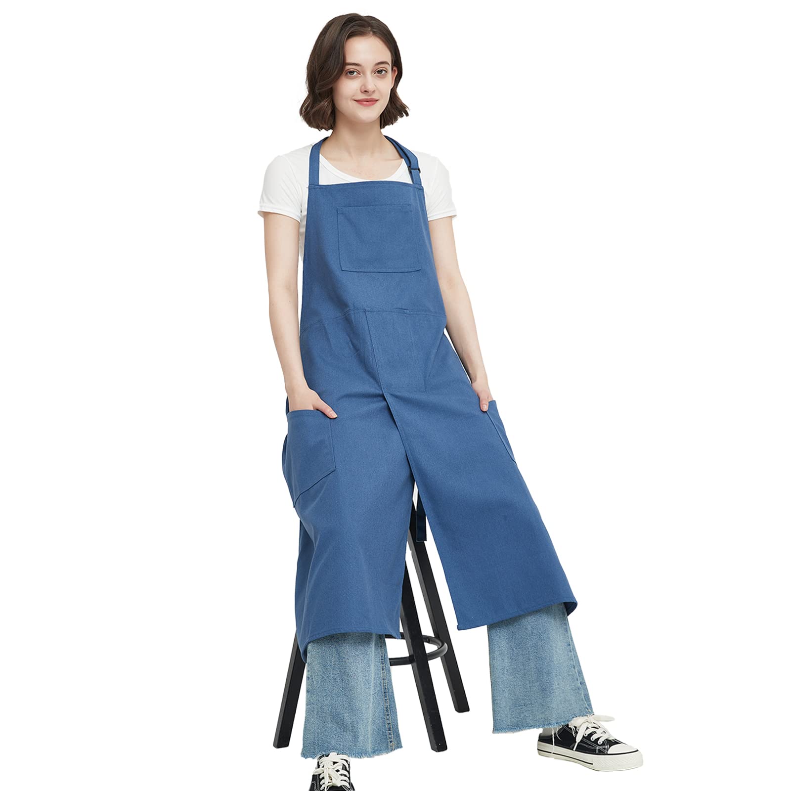 Jaspfct Pottery Apron Split Leg Long Artist Painting Apron with 3 Pockets for Ceramics Clay Women Men MD028-Bluen