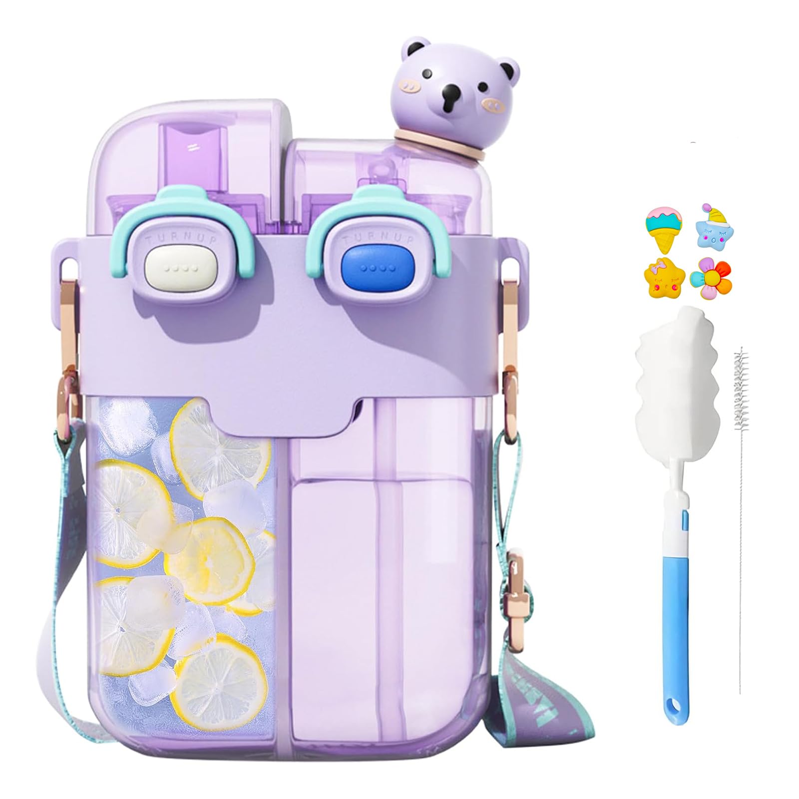 26oz kawaii water bottle  Creative Kids Water Bottle with Strap and Straw, Dual Compartments LeakProof Plastic Drinking Cup fo