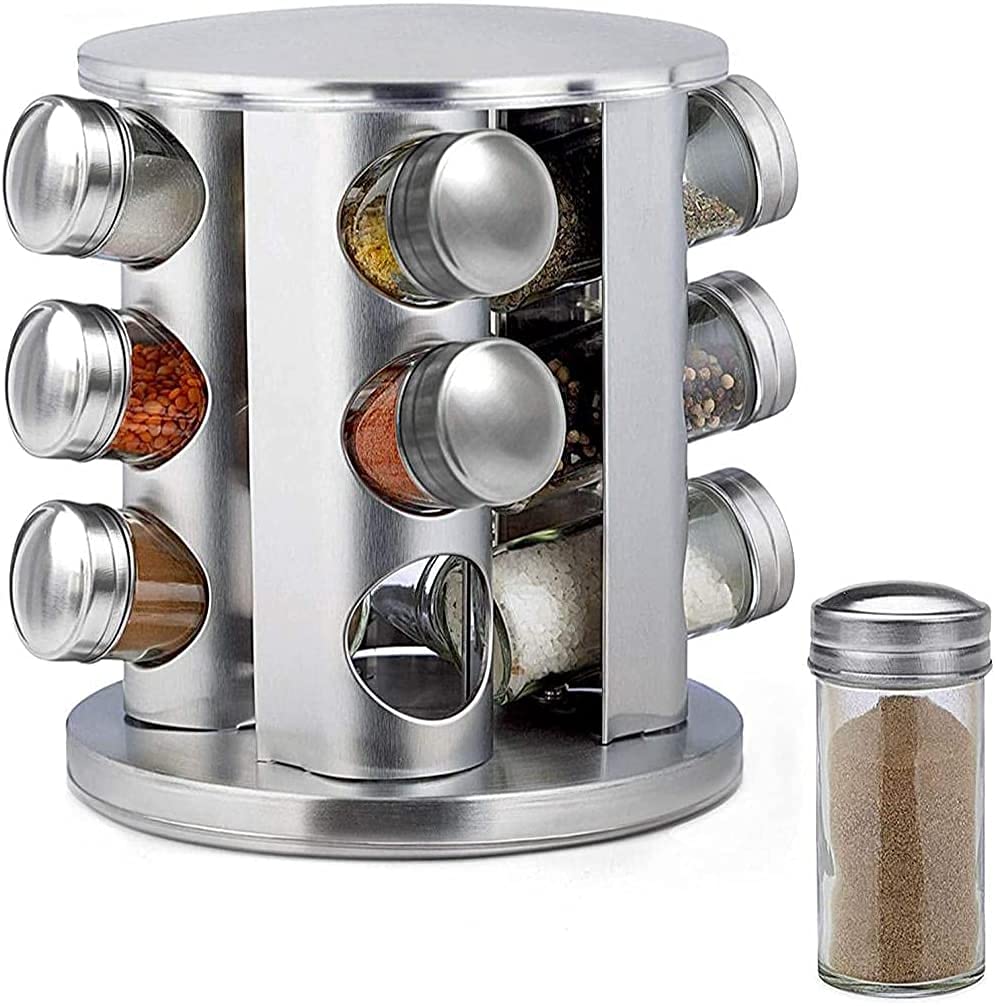 olpad Revolving Cylinder 12Jar Spice Rack Organizer, Spinning Countertop Spice/Seasoning Organizer with 12 Free Clear Jar Bottl