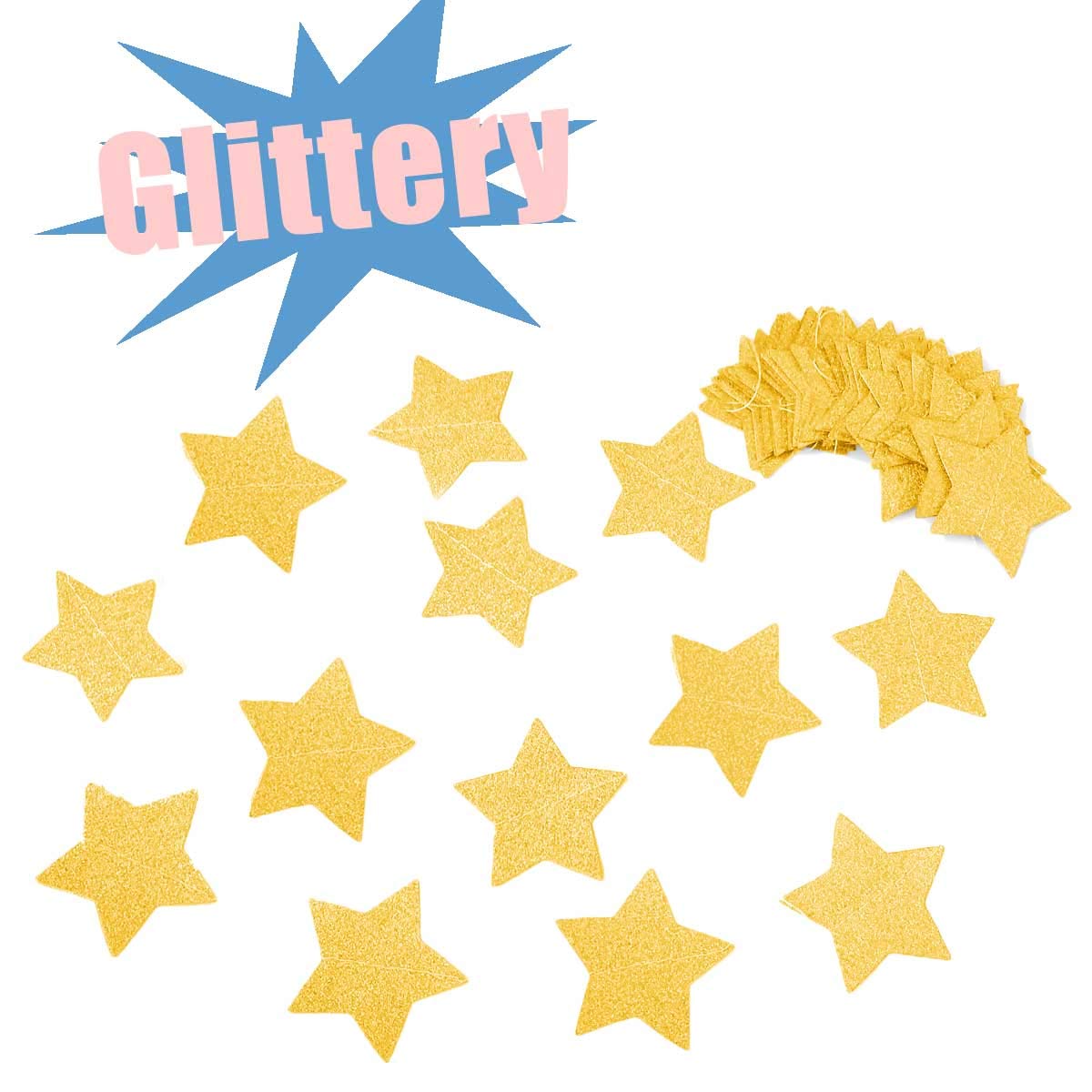 6 Pcs Gold Glitter Star Paper Garland Twinkle Bunting Banner Hanging Decorations for Christmas Birthday Party Golden Sparkling S