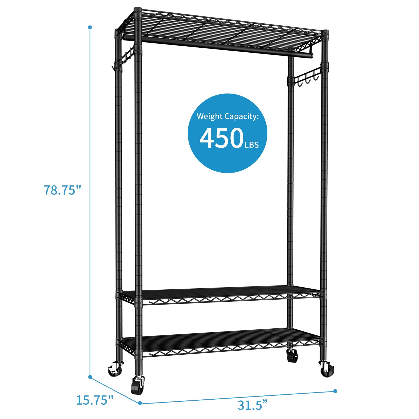 Heavy Duty Clothes Rack Rolling Garment Rack,3 Tier Adjustable Wire Shelving Clothing Racks For Hanging Clothes With Hanger Rod&