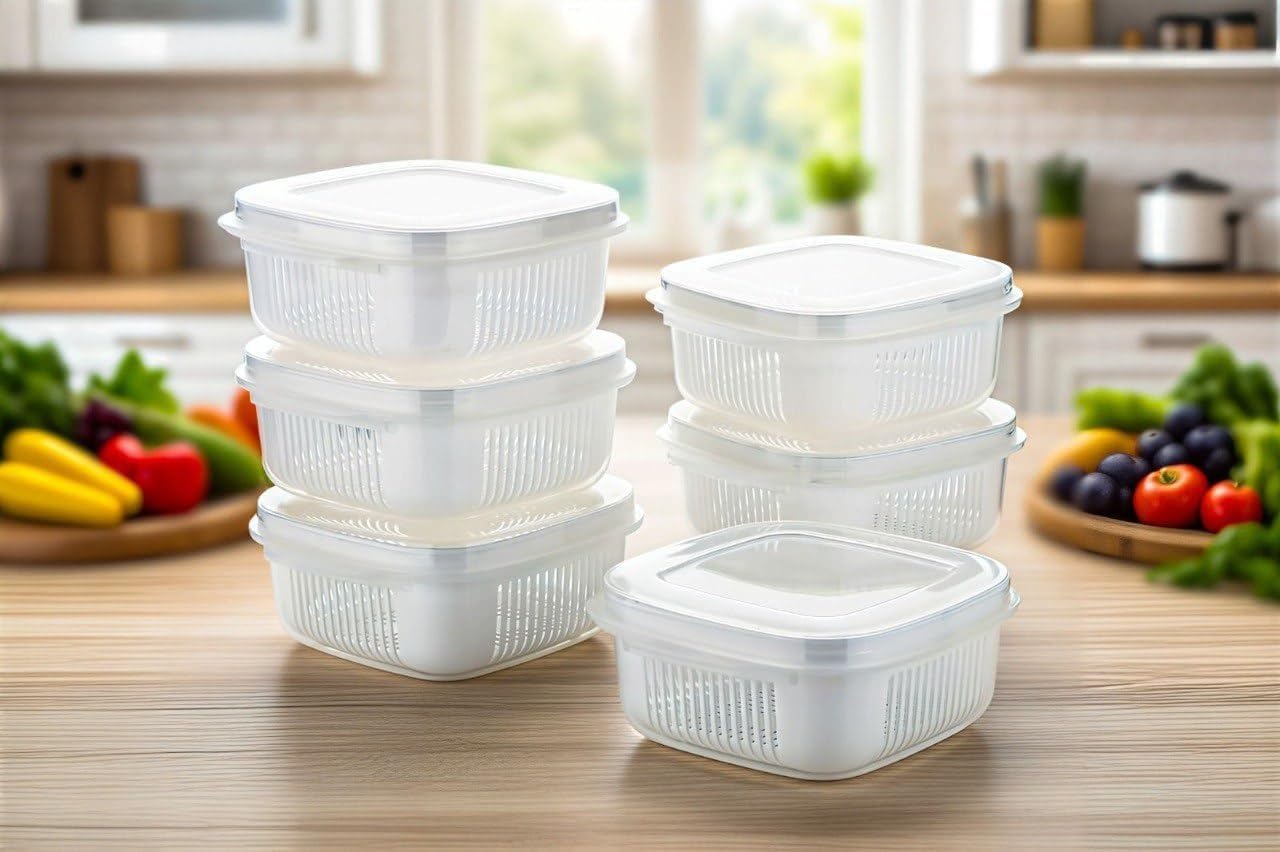 Shg Enterprise Fridge Storage Container, Clear, Airtight Refrigerator Organiser With Vegetable Drainer, Food Storage Box, 6 Pack