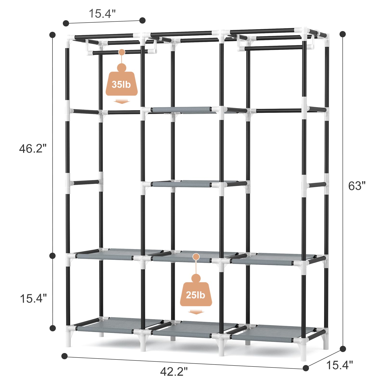 Vtrin Portable Closet Wardrobe For Hanging Clothes With 2 Hanging Rods And 8 Storage Organizer Shelves,Free Standing Clothes Rac
