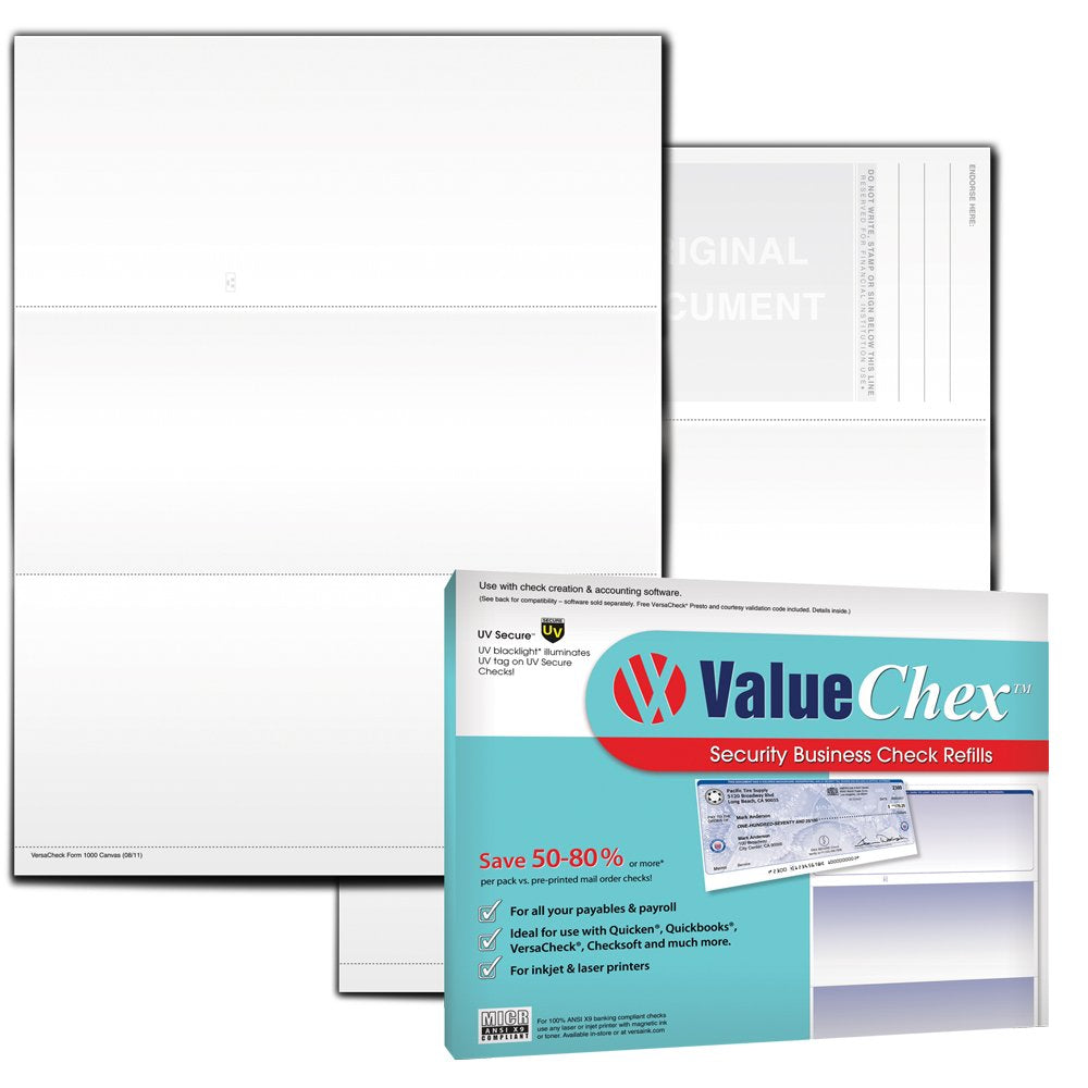Valuechex Uv Secure Check Paper- Blank Check Stock - Business Check On Top, Canvas, 55 Count