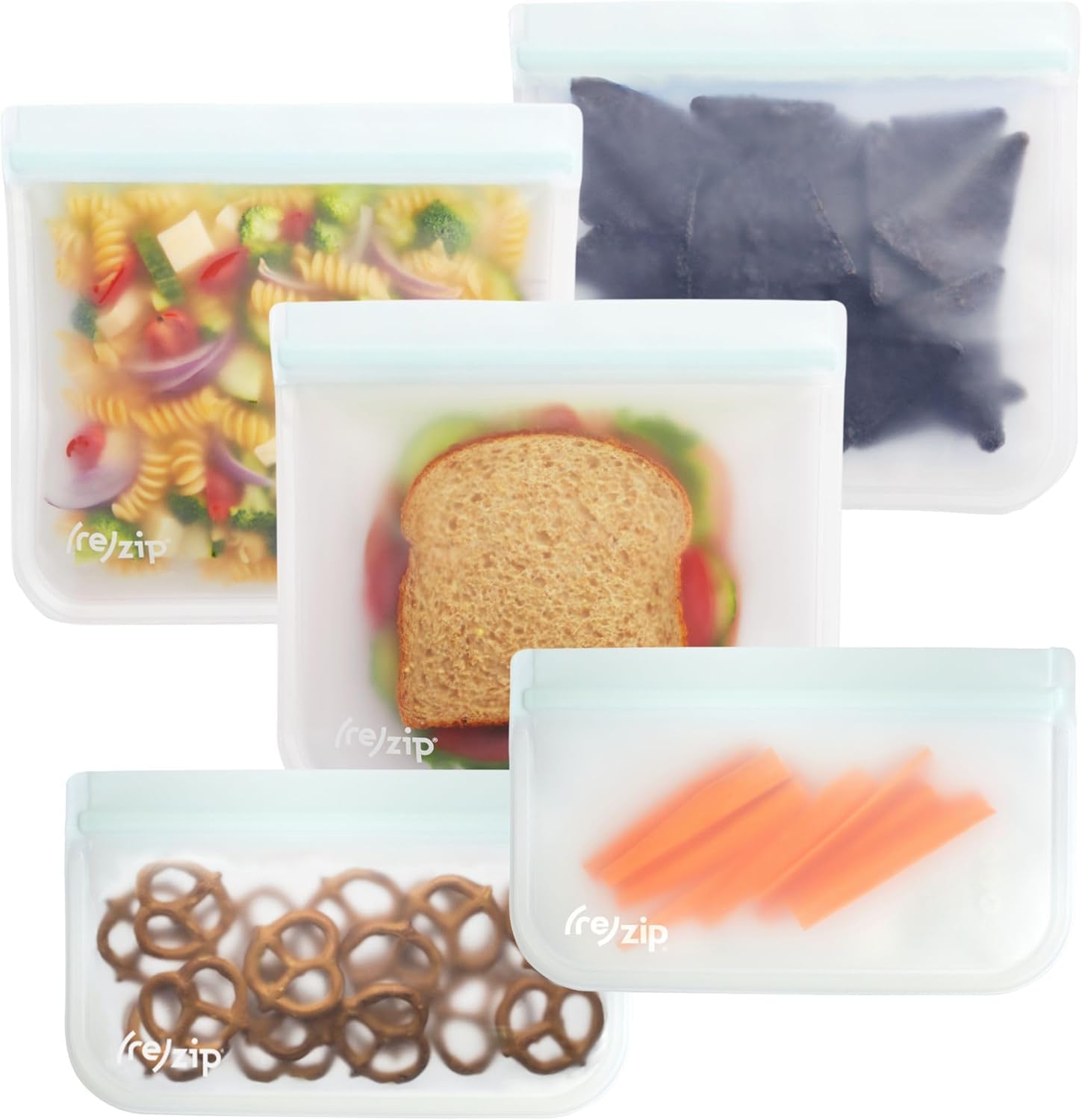 (Re) Zip 5-Piece Flat Lunch Reusable Bpa-Free Food Grade Storage Bag Kit, Leakproof, Freezer Safe, Dishwasher Safe, Travel Frien