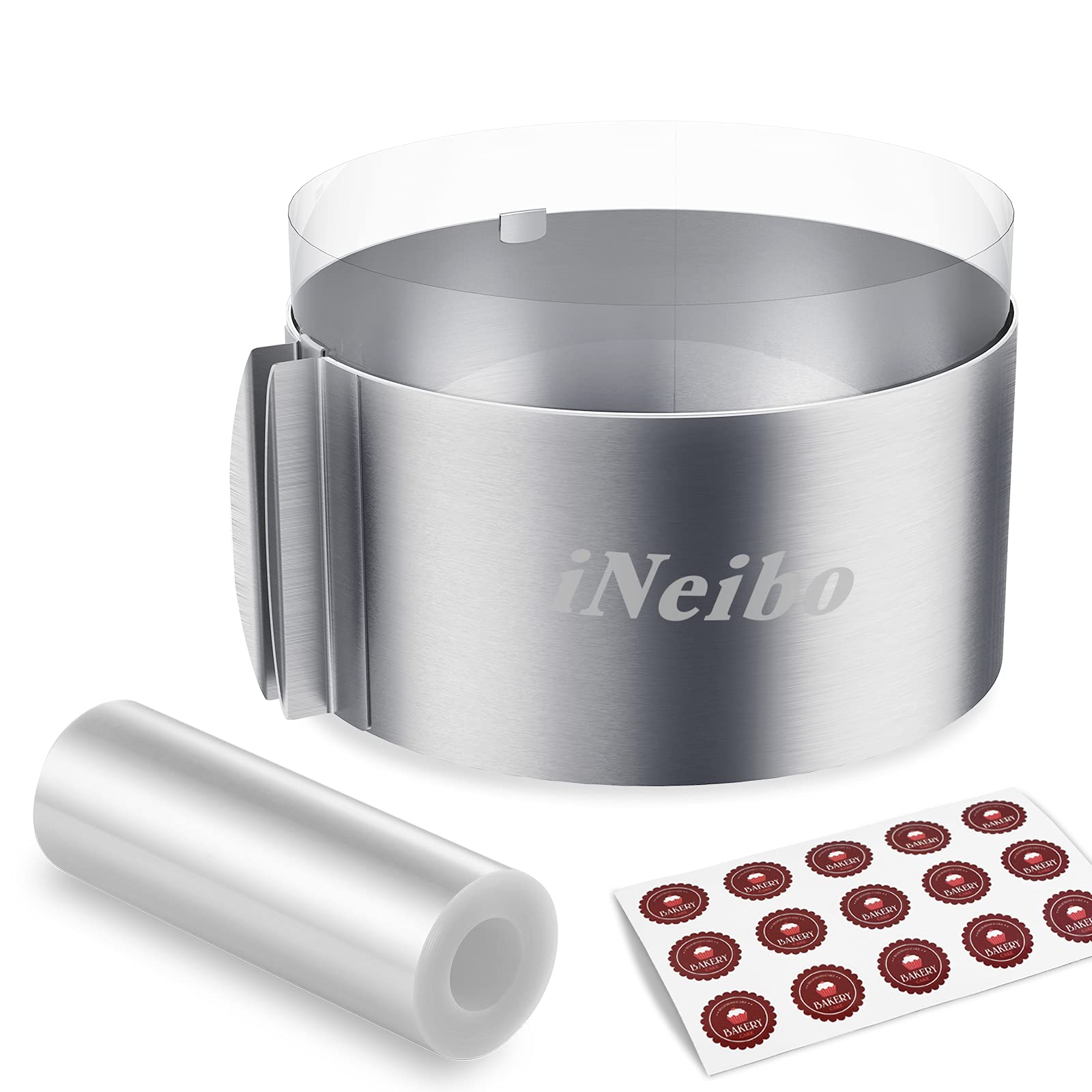 Ineibo Cake Ring And Cake Collar Set, 6 To 12 Inch Adjustable Cake Mousse Mould Set With 6Inch Clear Cake Roll, Stainless Steel