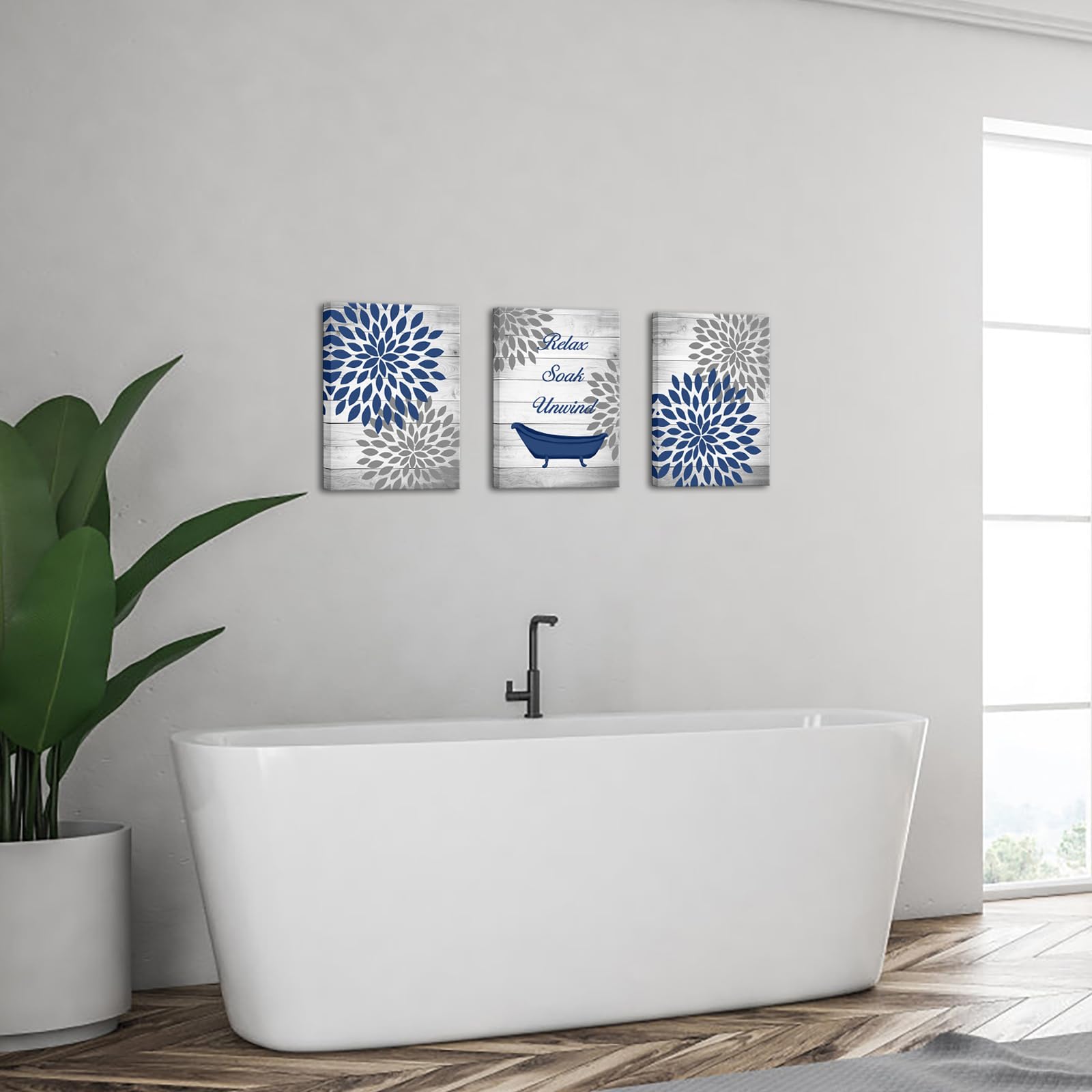 RnnJoile 3 Pieces Rustic Floral Canvas Wall Art Dahlia Relax Soak Unwind Painting Artwork for Home Bathroom Decor Navy Blue Flower Picture Print Framed Ready to Hang Each Piece 12x16 Inch
