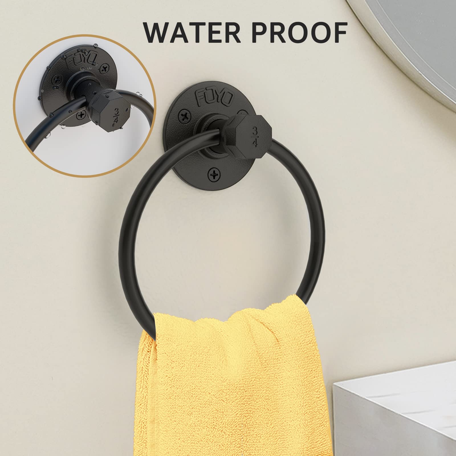 Industrial Towel Rings  Licperron Matte Black Pipe Hand Towel Rack  Wall Mounted Towel Holder for Bathroom 1PCS