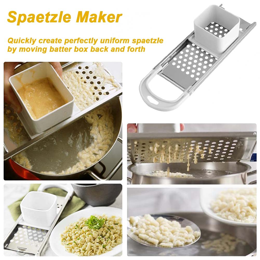 Stainless Steel Spaetzle Maker Noodle Dumpling Maker With Safety Pusher, Includes Silicone Spatula
