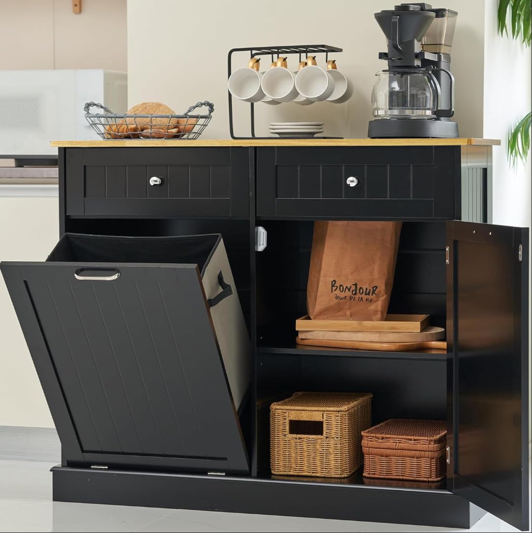 Spurgehom Dual Door Trash Cabinet Kitchen Waste Bins,Laundry Hamper Tilt Out Trash Can Cabinet,13 Gallon Pet Proof Trash Can For