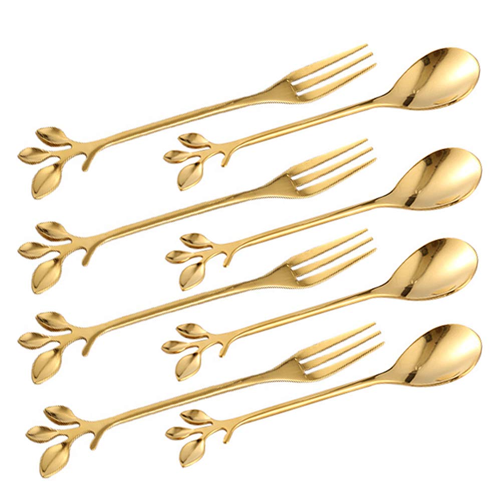 Turbokey Tableware Gold Leaf Coffee Spoon Fork,8 Pack(4 Spoons 4 Forks) Little Demitasse Espresso Spoon And Appetizer Dessert Fo