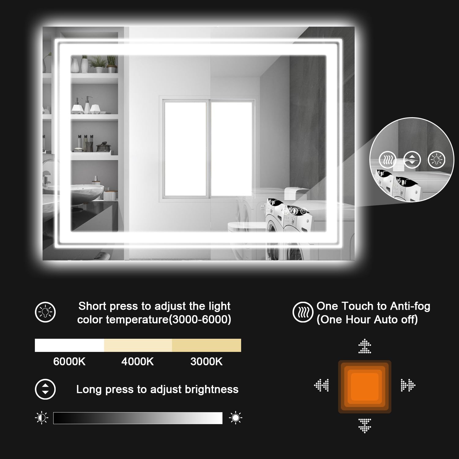 Snowdool 48X30 Front And Backlit Mirror Bathroom Led Mirror, Anti-Fog Bathroom Mirror With Lights, Stepless Dimmable, 3 Colors L