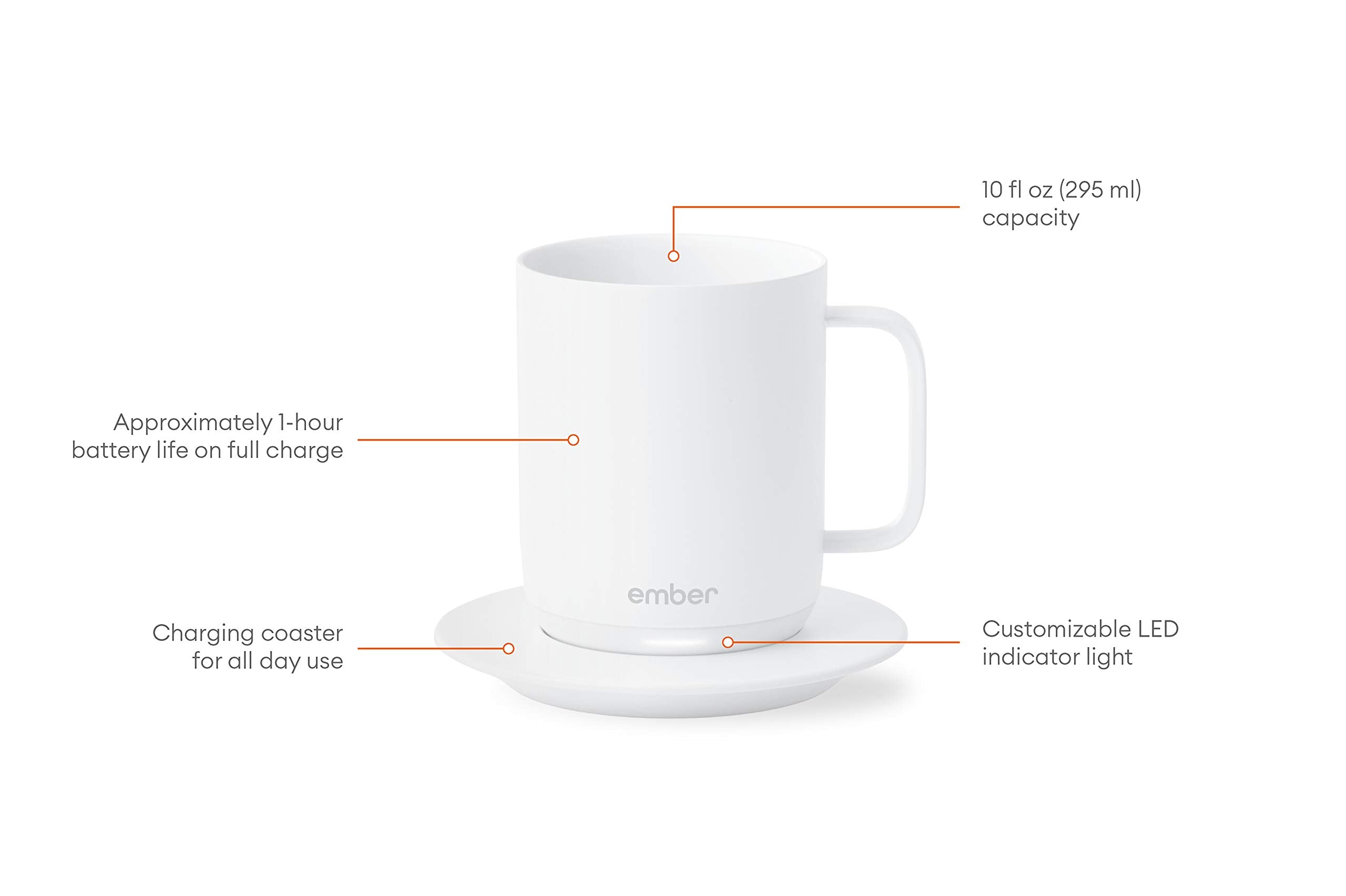 Ember Smart Mug 10oz - Temperature Control, 1-Hour Battery Life, White, Model CM17
