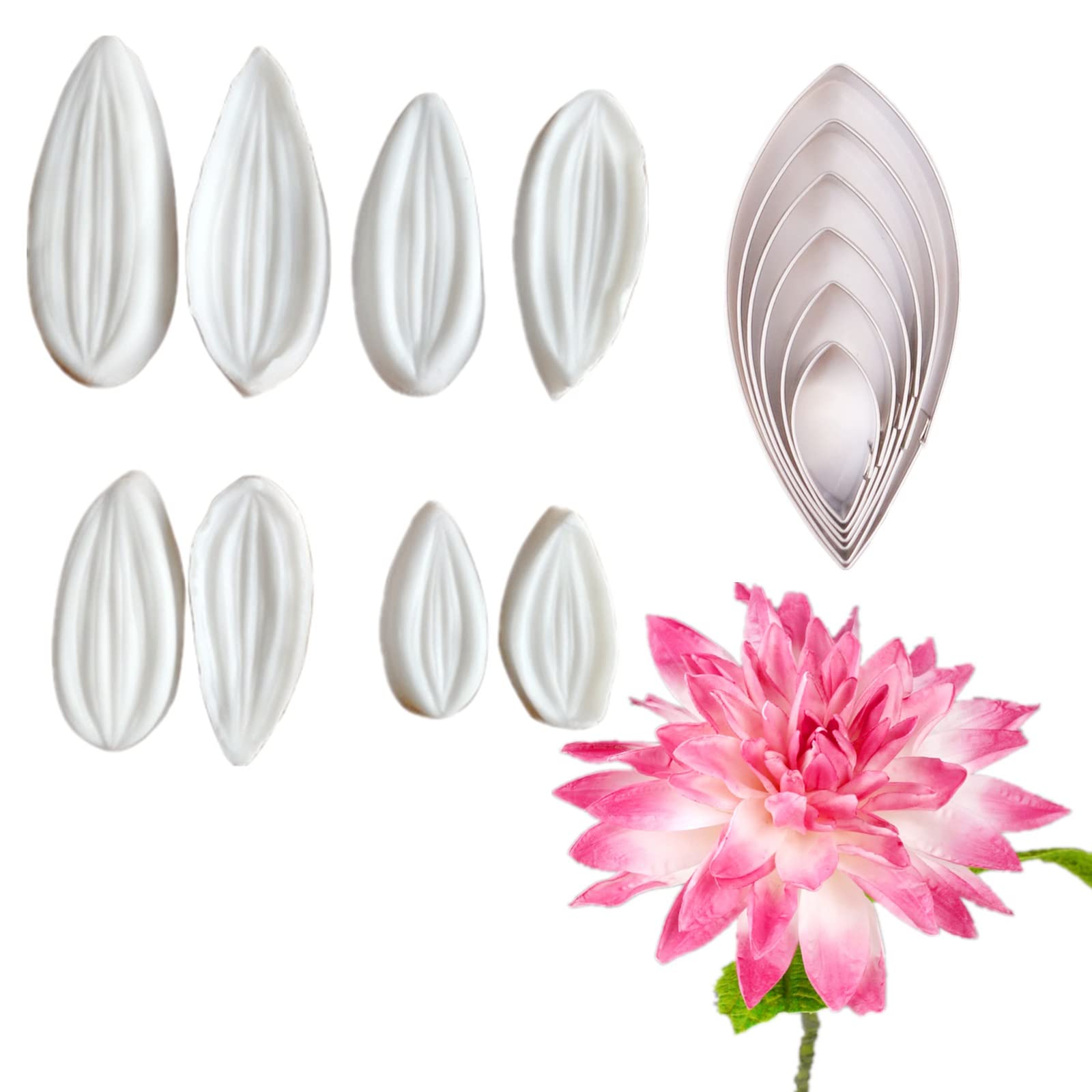 8Pcs Gum Paste Flower Molds And 6Pcs Flower Cutter For Fondant Dahlia Flower Petal Sugarpaste Cake Decorating