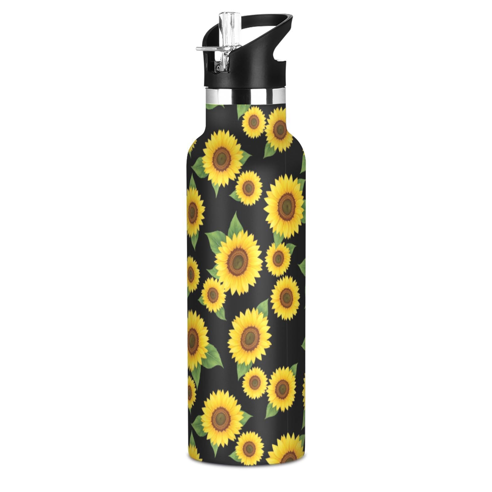 VIGTRO Sunflower Pattern Black Kids Water Bottle Vacuum Insulated Stainless Steel Boys Girls Sports Bottle with Straw Lid & Hand