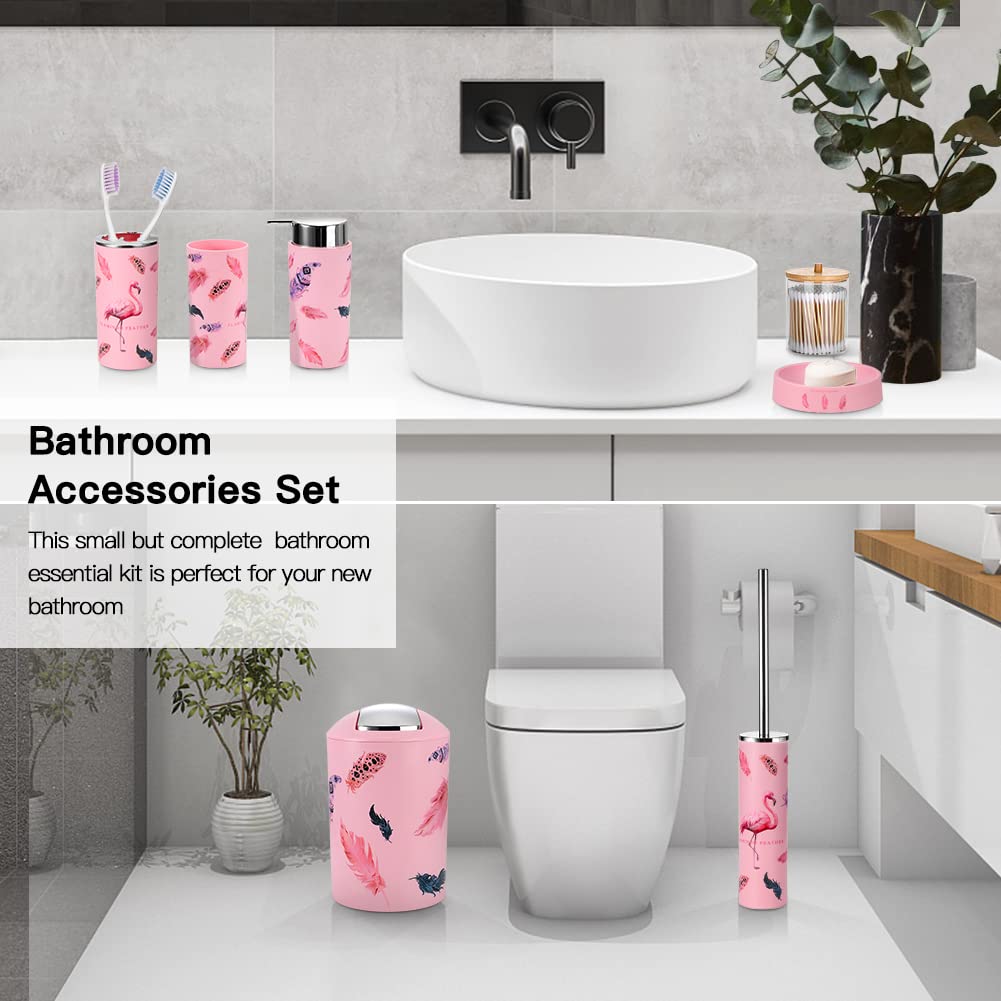 Otostar Bathroom Accessories Set 6 Piece Plastic Bathroom Gift Set Include Toothbrush Holder Soap Dispenser Tumbler Soap Dish Toilet Brush Holder Trash Can Qtip Holder for Housewarming Gift (Flamingo)