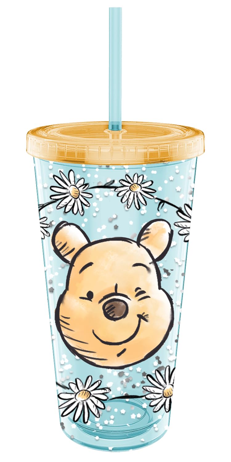 Silver Buffalo Disney Winnie the Pooh Flowers Plastic Confetti Cold Cup with Lid and Straw, 32 Ounces