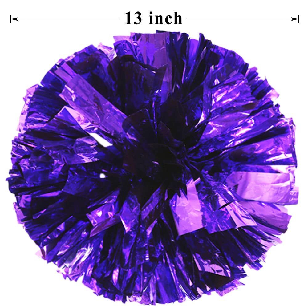 PUZINE 4 Pack 13'' Cheerleading Metallic Foil & Plastic Ring Pom Poms(Purple)