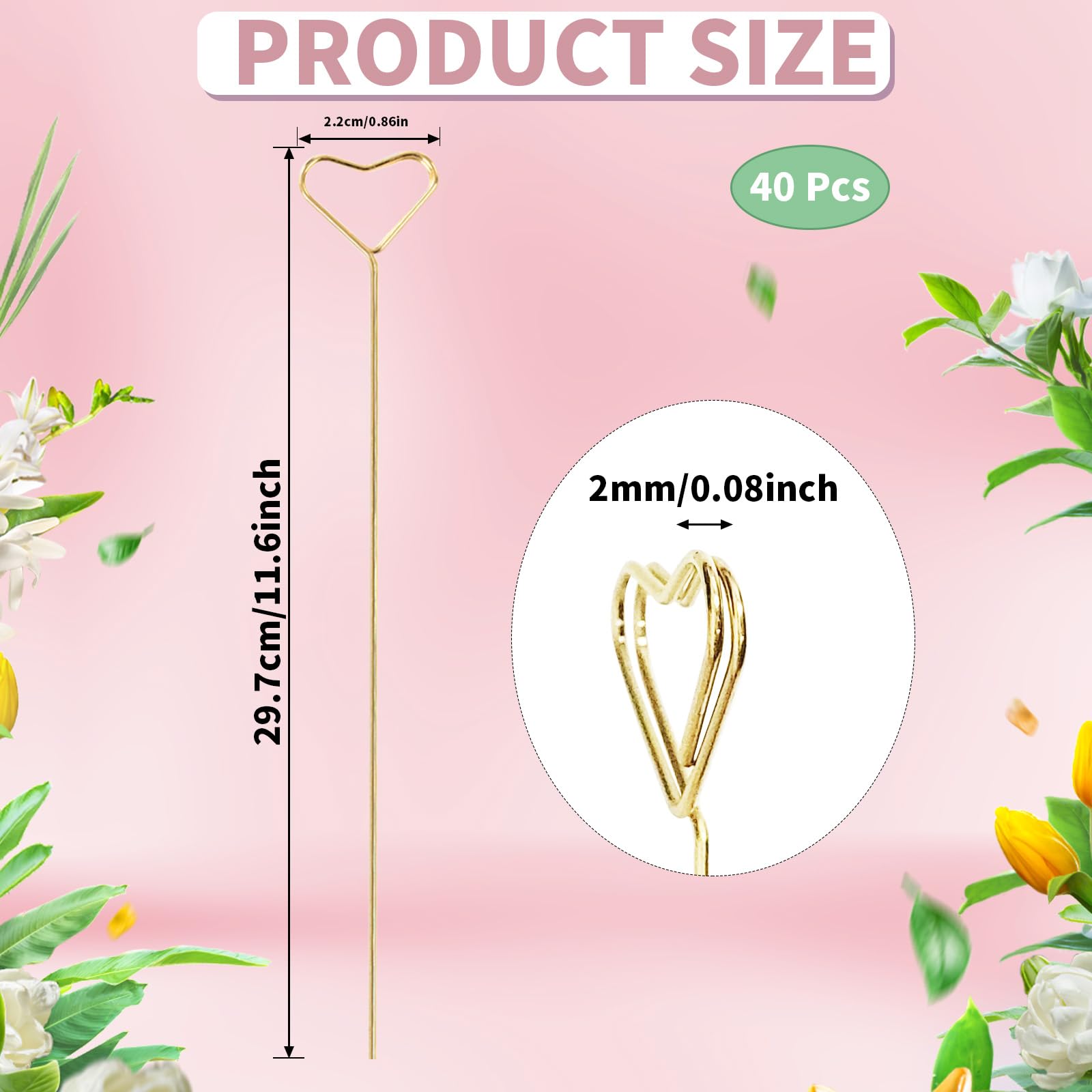 Rimoev 40 Pcs Floral Card Holder Picks, Heart Picture Holders, Photo Holder Pick Stick, Gold Floral Place Card Holder, Floral Pi