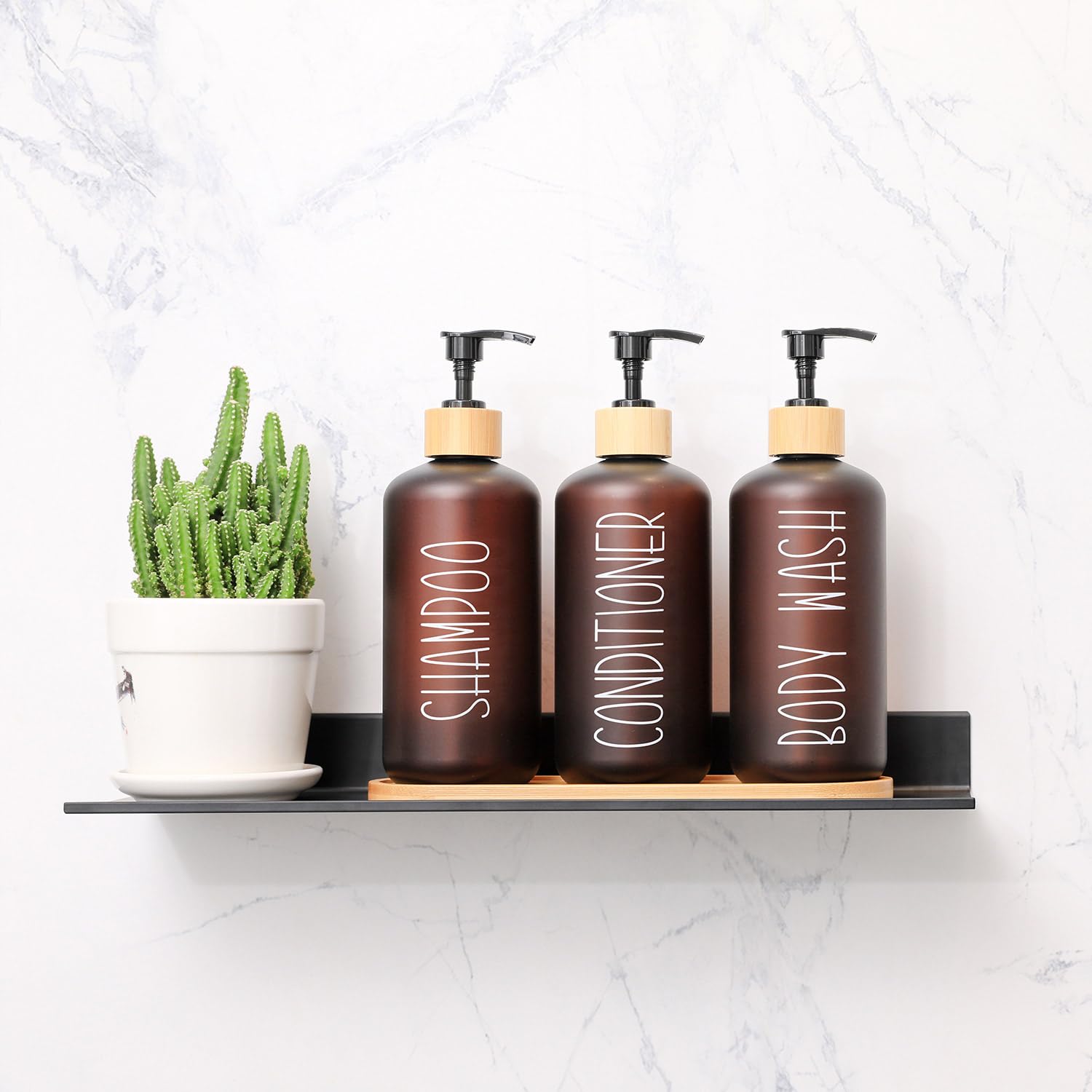 Momeemo Amber Shower Dispenser Set, Contains 3 Extra-Thick Pet Plastic Bottles With Bamboo Pumps, Shampoo And Conditioner Dispen