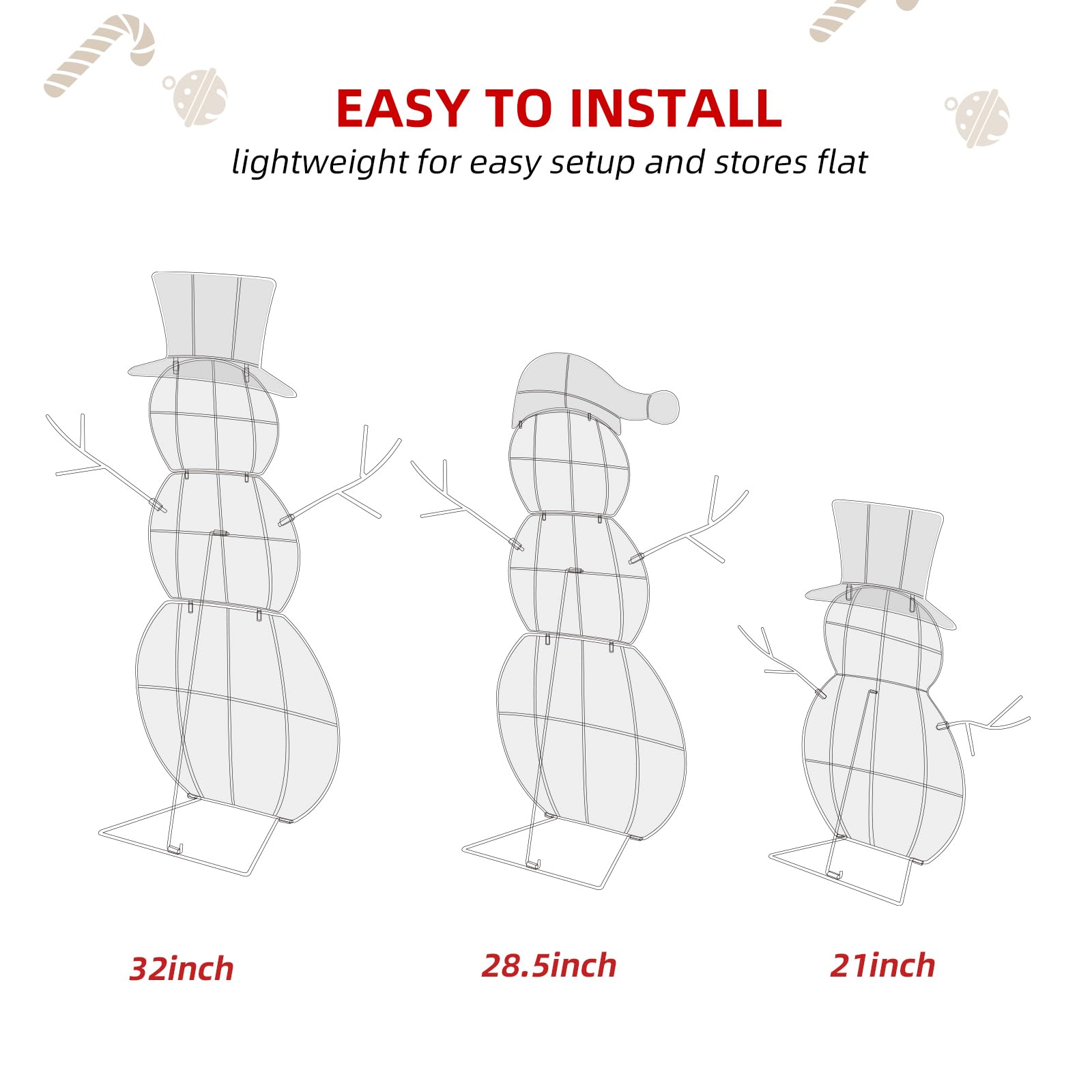 Holilite 3-Piece Light-Up Christmas Snowman Family Set - Large Outdoor Decoration with 80 LED Warm White Lights, Metal, White