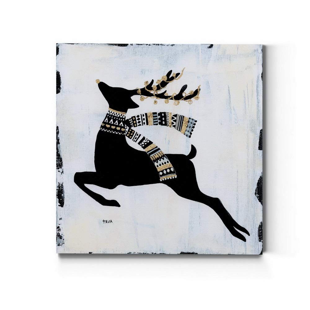 Renditions Gallery Christmas Reindeer Wall Art, Cute Winter Artwork, Black, Gold, & White, Tribal Patterns, Premium Gallery Wrap