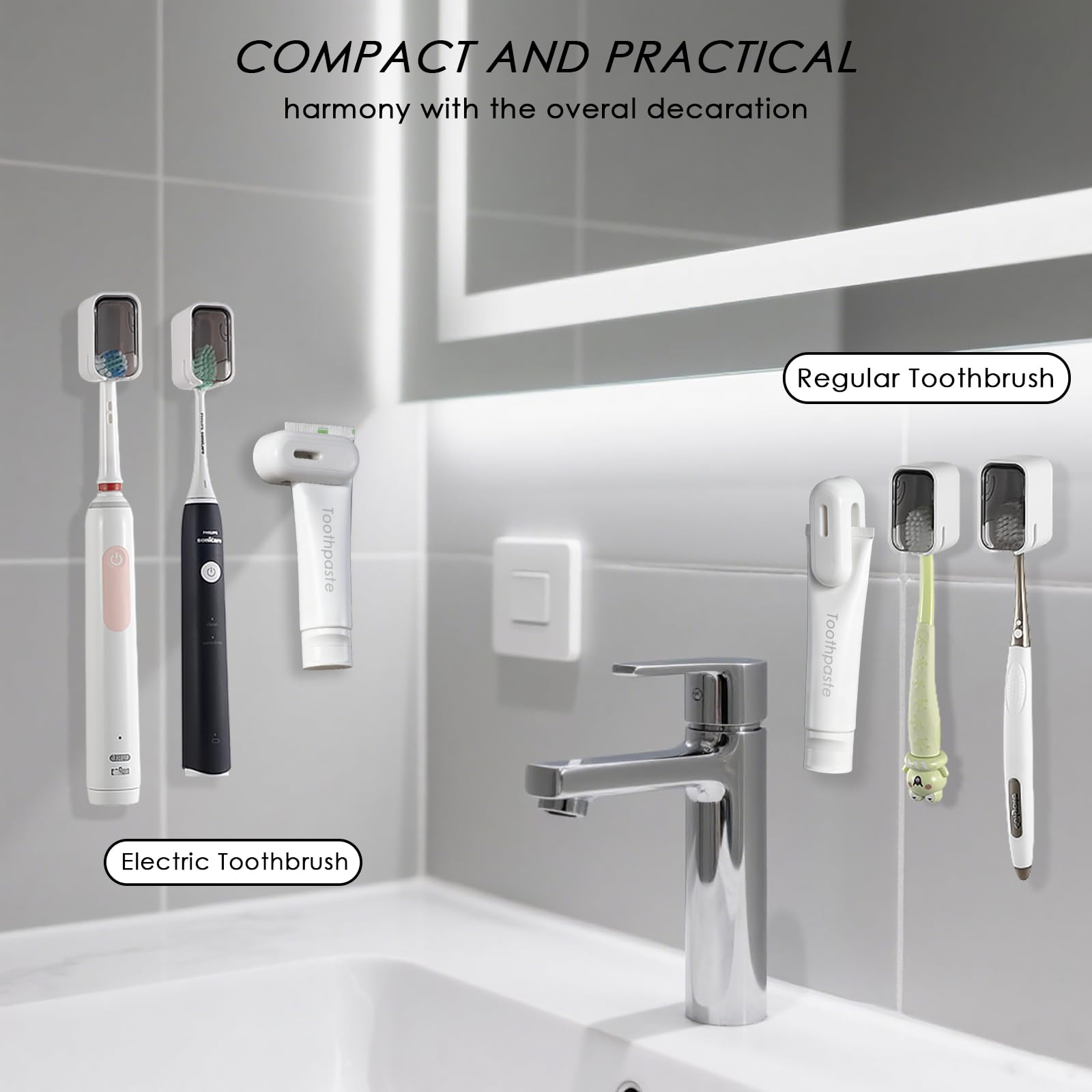 2PCS Toothbrush Holder Wall Mounted for Bathroom with Cover for Shower - with Toothpaste Clip - Single Slot Toothbrush Dispenser