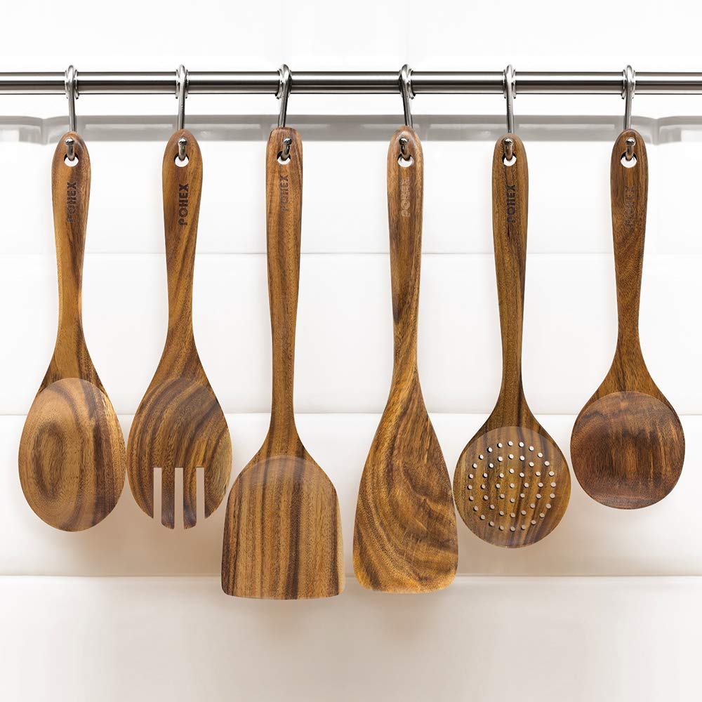 Pohex Teak Wood 12 Piece Kitchen Utensil Set With Wooden Holder/Barrel, 6 Gadgets Wooden Spatula, Spurtle, Slotted Spoon, Salad