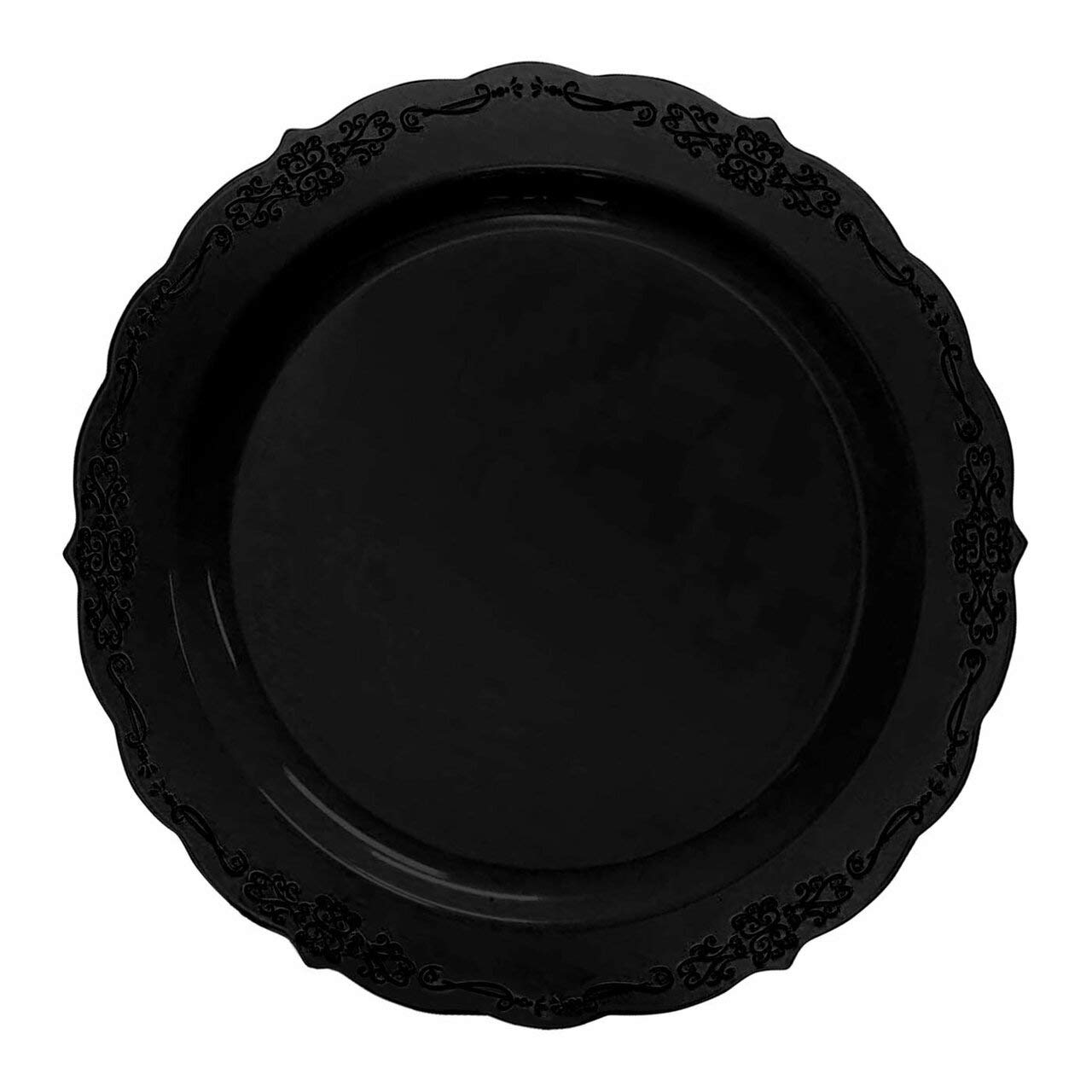 Kaya Elegant Black Vintage Rim Round Plastic Disposable Dinner Plates (Pack Of 10) - Stylish Design, Perfect For Weddings, Parti