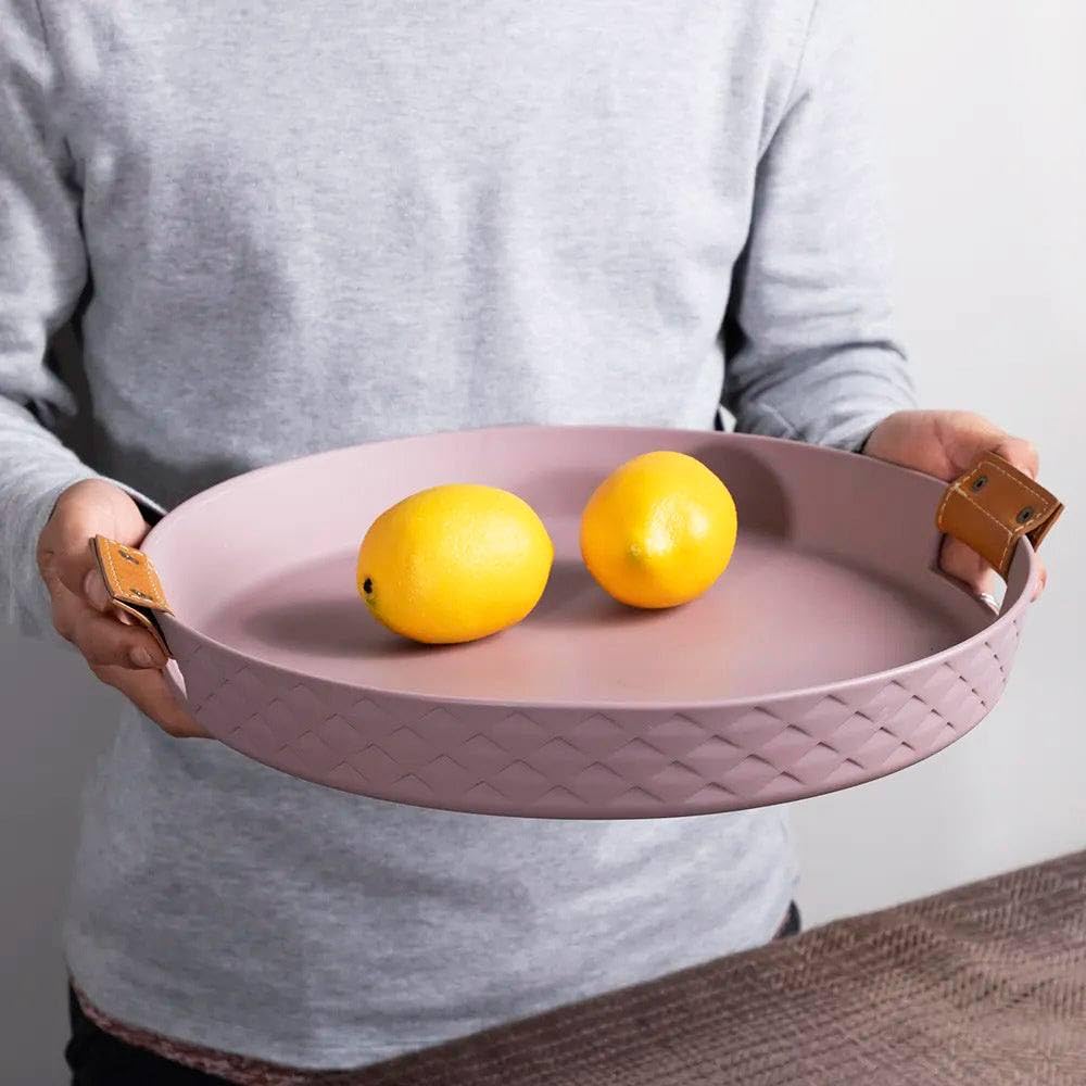 Enhabit Bern Ceramic Serving Tray With Handles | Serving Tray For Home Kitchen Office And Dining Table | Durable Pu And Metal | 