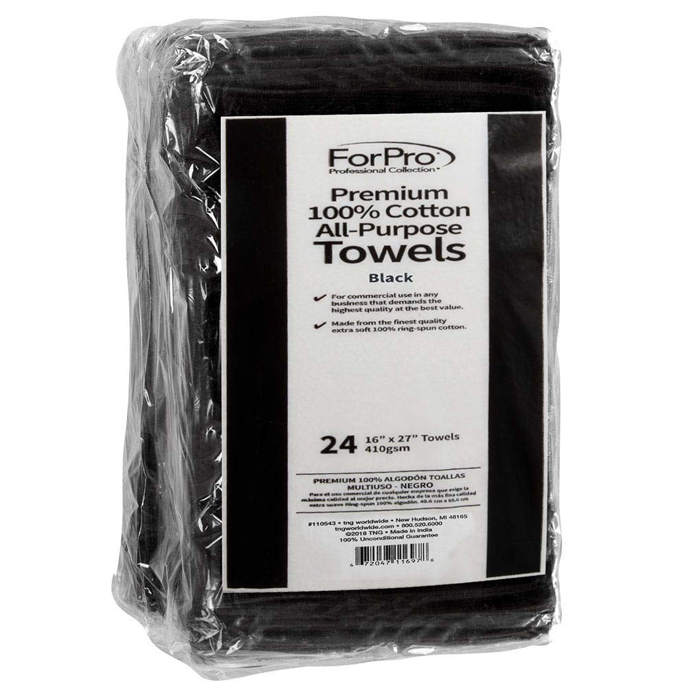 ForPro Premium 100% Cotton All-Purpose Towels, Black, Extra Soft Multi-Purpose Salon, Spa, Hotel, and Gym Towel, 16    W x 27