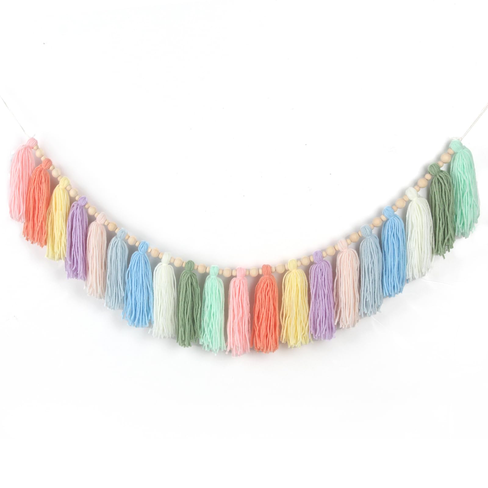 GIAUMA Boho Yarn Tassel Garland with Wood Beads Pastel Wall Hanging Tassels Bunting Banner for Spring Easter Classroom Nursery B