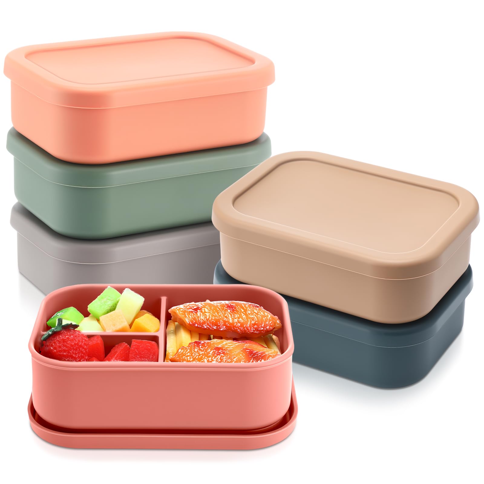 Honeydak 6 Pcs Silicone Bento Box, 3 Compartment Container, Classic Colors