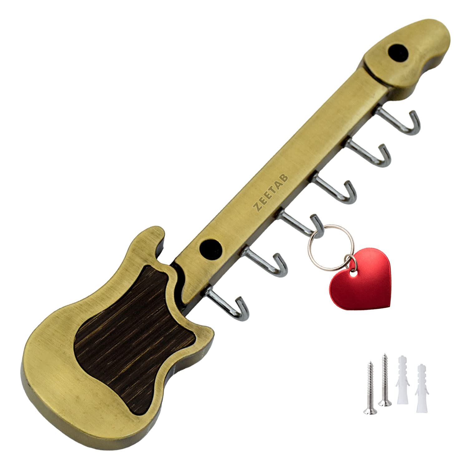 Zeetab Antique Guitar Key Holder with 6 Hook | Royal Art Metal Wall Mount Key Stand for Music Lover (21x5cm)