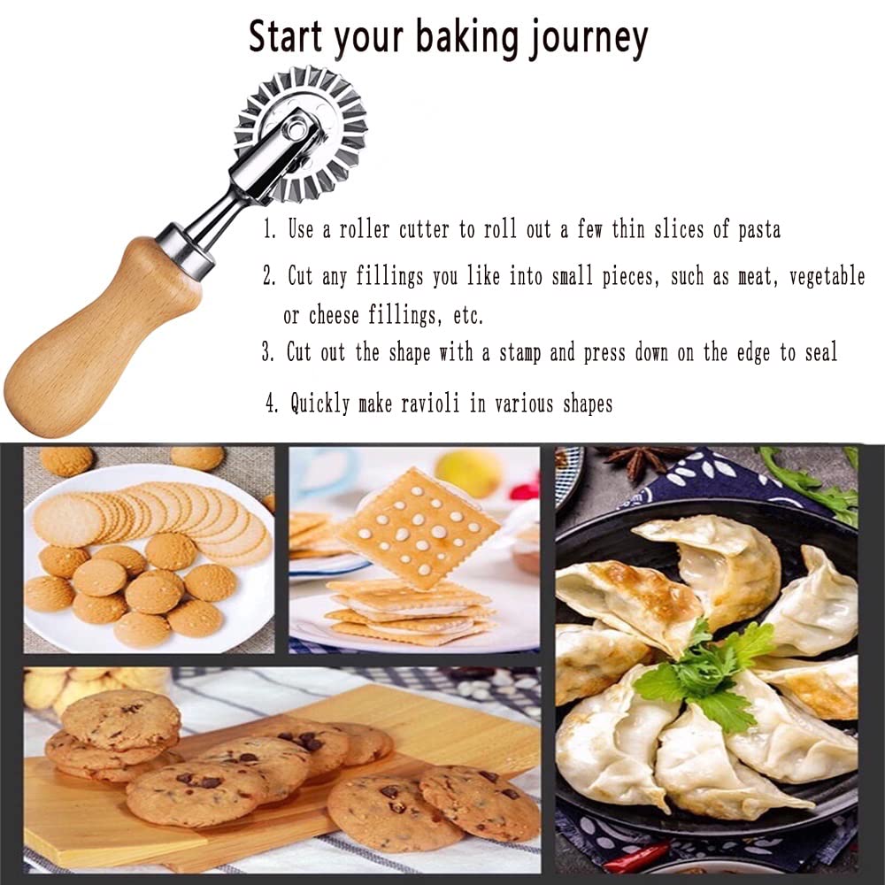 Mtomdy Ravioli Cutter Stamps With Roller Wheel Round Mold With Wooden Handle And Fluted Edge Pasta Press Pasta Cutter For Home A