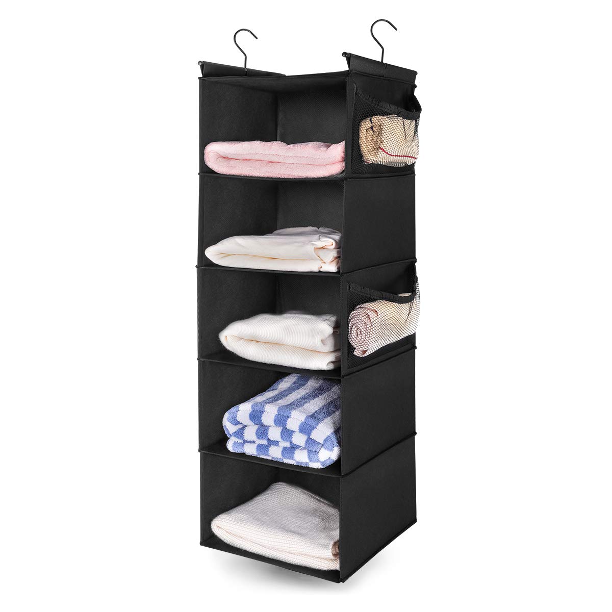 Max Houser 5 Shelf Hanging Closet Organizer,Space Saver, Closet Hanging Shelves With (4) Side Pockets,Foldable (Black)