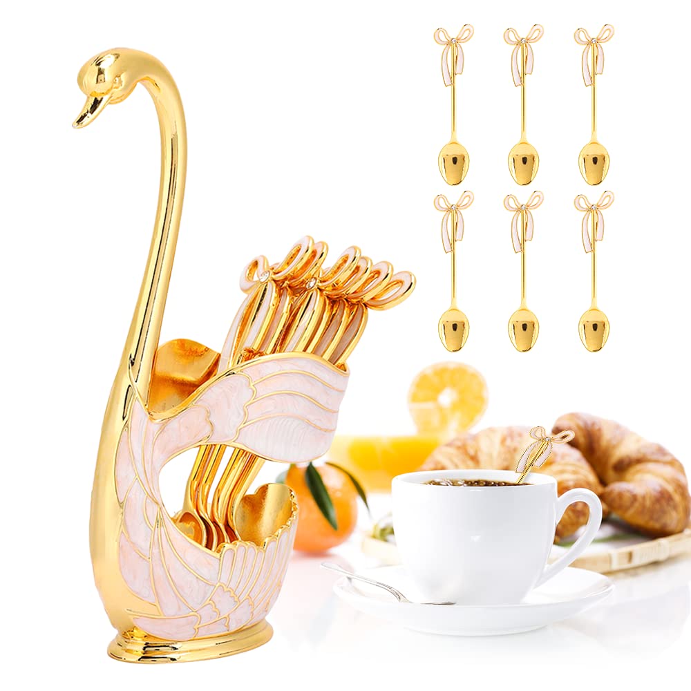 Watris Veiyi Coffee Spoons Set, Dessert Spoons Set, 6Pcs Tea Spoons With Swan Base Holder, Metal Coffee Spoon Organizer, Stainle