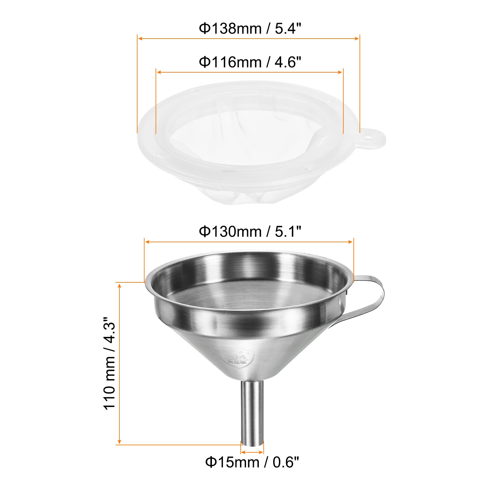 Patikil 5.1'' Dia Kitchen Funnel, Stainless Steel Kitchen Gadget With 400 Mesh Strainer For Juice, Coffee, Milk Filtration White