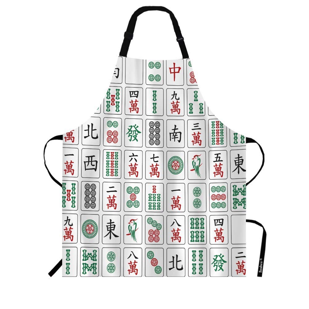 Beabes Majiang Tiles Chef Apron 27 X 31 Inch Bamboos Dots Characters From 1 To 9 And Honors Mahjong Non-Pilling Bib Apron For Bb