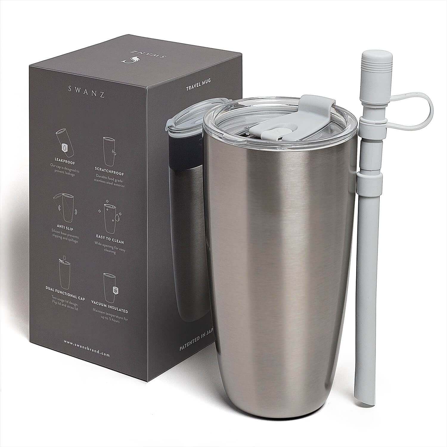 SWANZ Thermal Insulated Stainless Steel Tumbler with Lid and Straw, Reusable Thermos Cup for Hot and Cold Drinks, To Go Coffee T