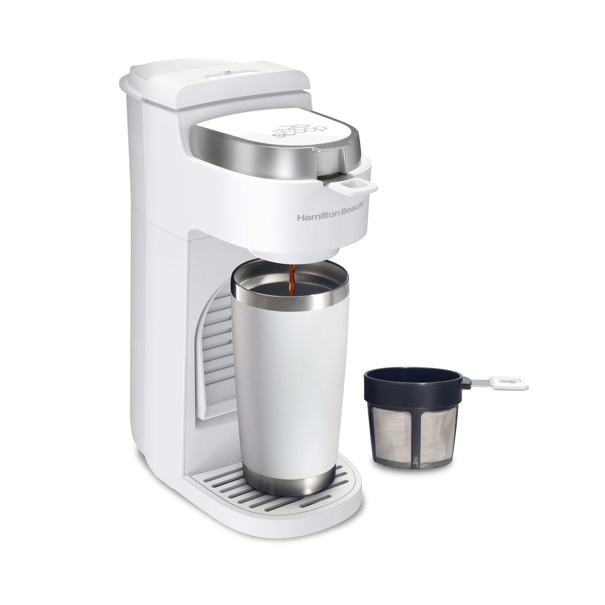 Hamilton Beach 47621 The Scoop Single Serve Coffee Maker & Fast Grounds Brewer For 8-14Oz. Cups, Brews In Minutes, Next Gen, Whi