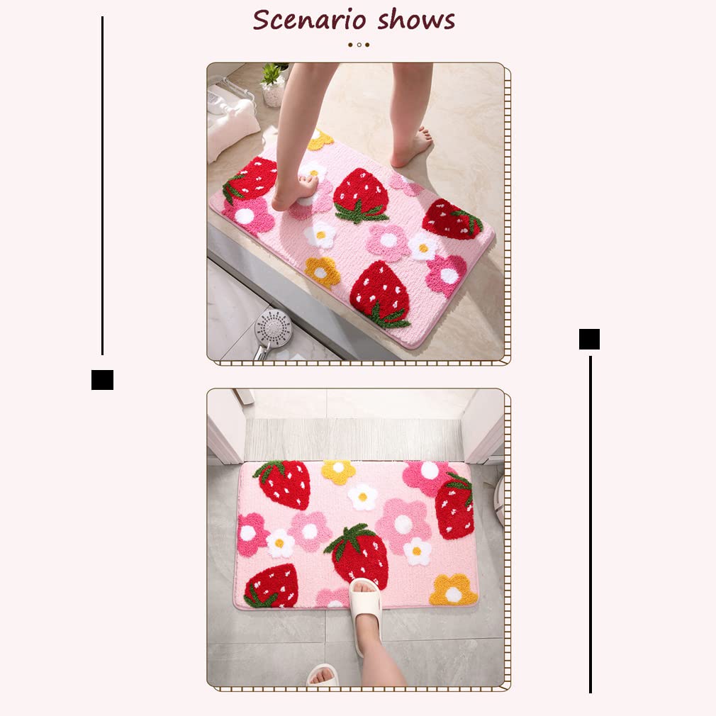 Liketn Soft Cozy Strawberry Bathroom Rugs Cute Bath Mat Doormat Non Slip Washable Shaggy Bedroom Runner Rug Funny Flower Absorbe
