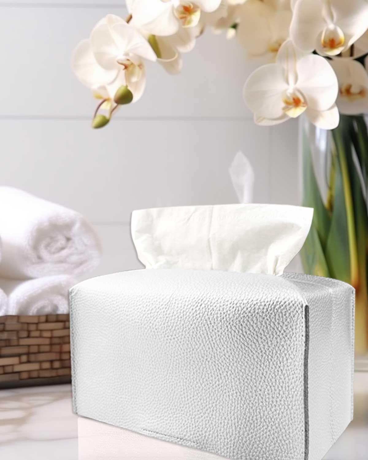 Silver Tissue Box Cover Rectangular - Plus Size Large Tissue Box Cover Rectangle [Jesmini] Faux Leather Tissue Box Holder Long F