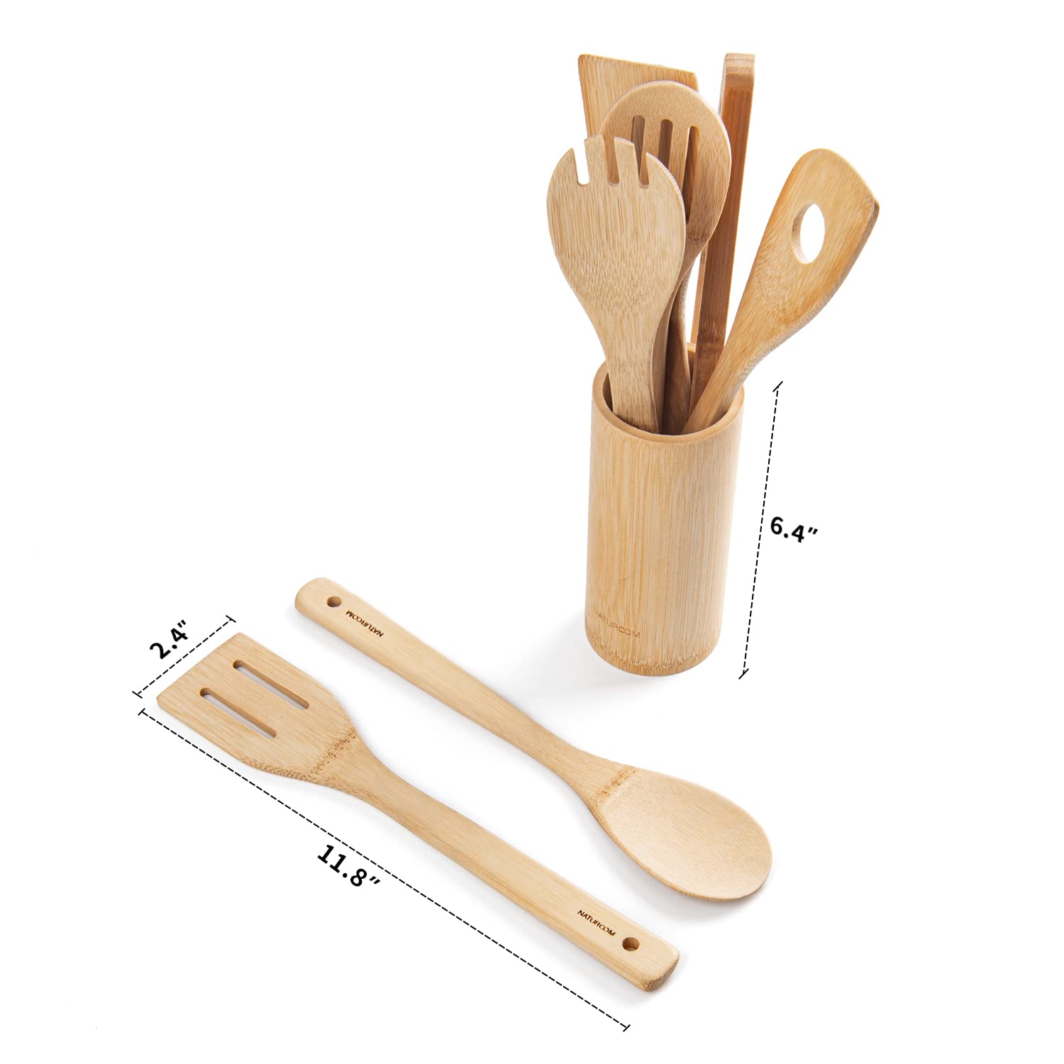 Naturoom Kitchen Utensils Set Of 8 Pcs, 12Inches Bamboo Wooden Cooking Spoon & Spatula Tools Perfect For Non-Stick Cookware (Bam