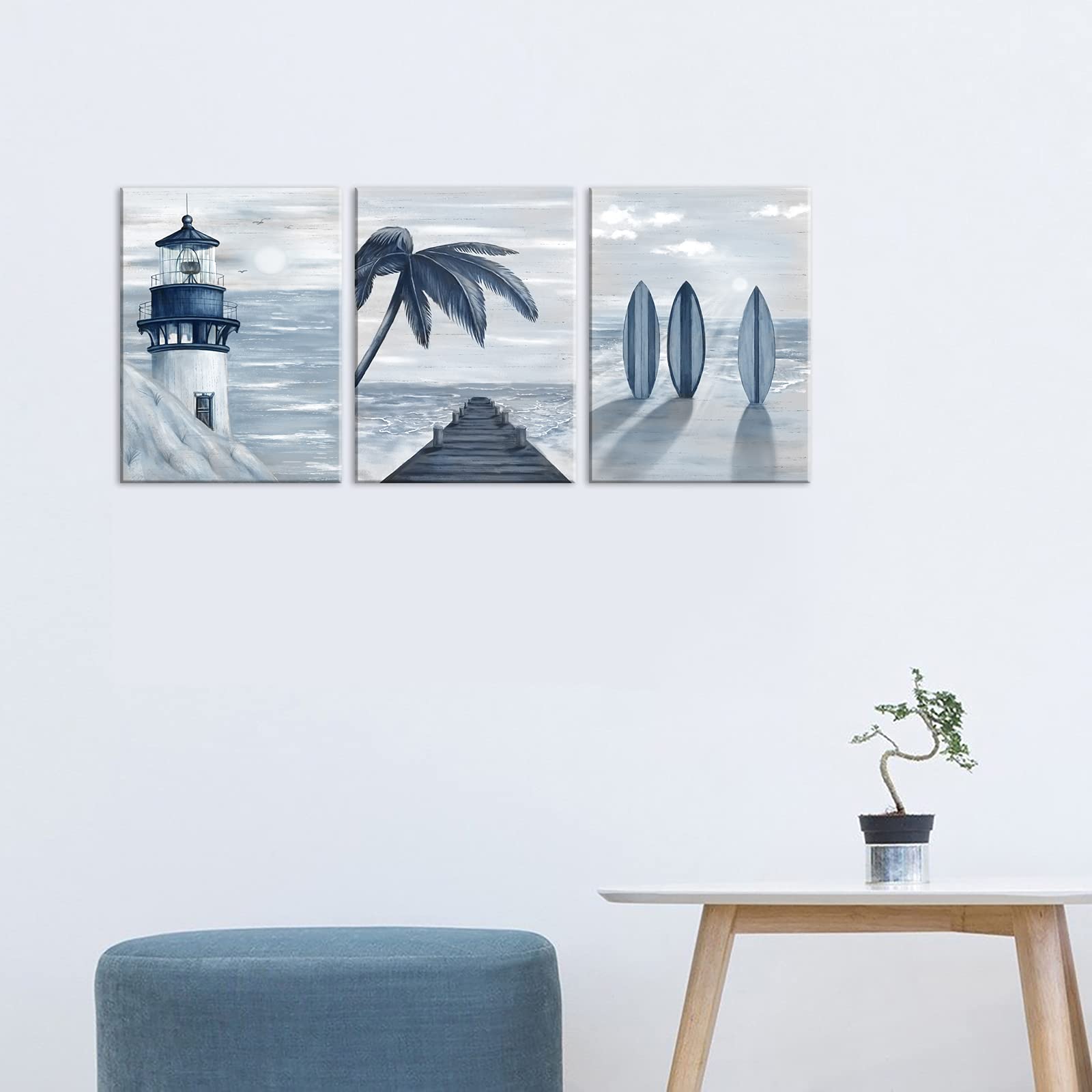 Homeoart Blue Beach Wall Art Prints Ocean Pier Coastal Dock Seascape Lighthouse Painting Nautical Theme Framed Stretched Artwork