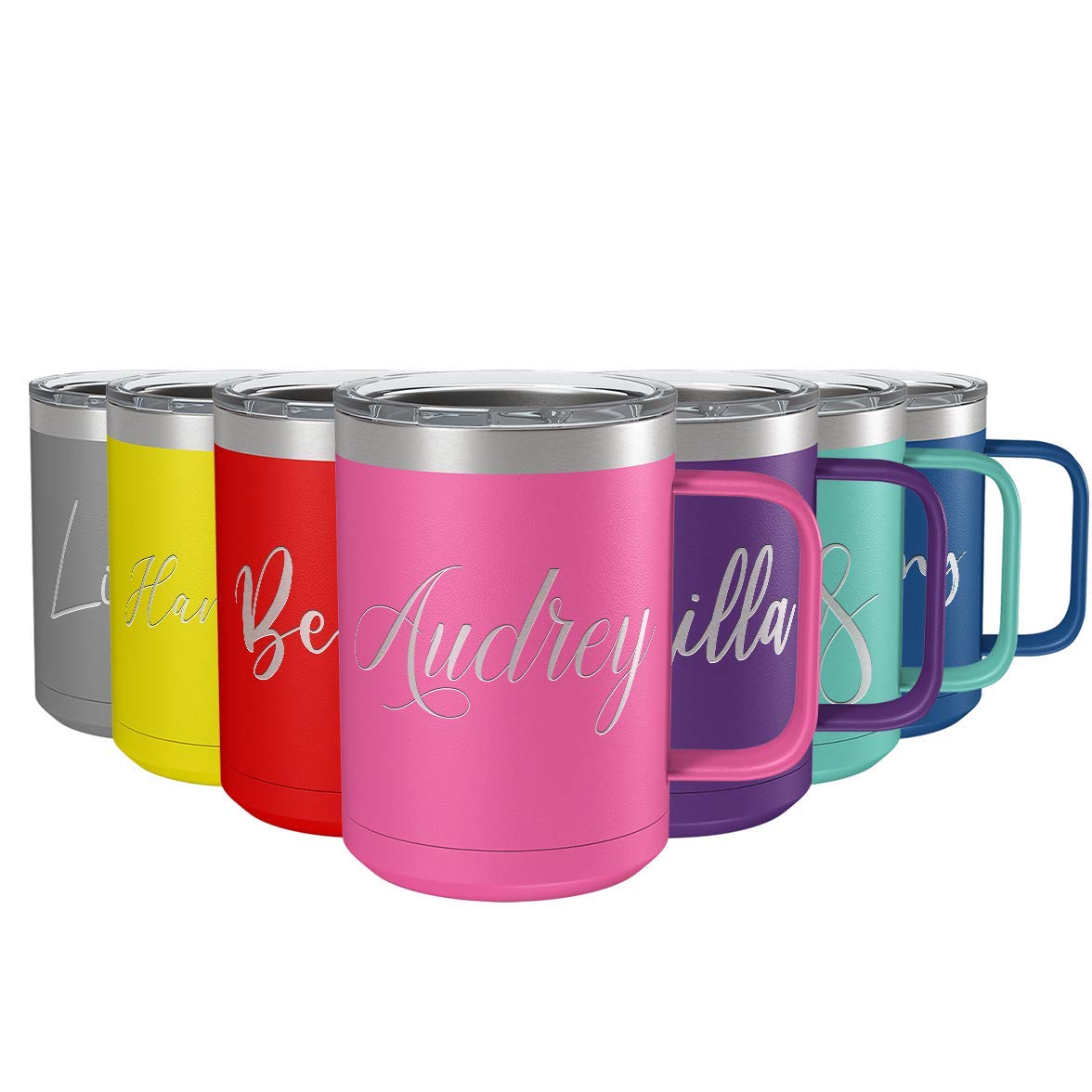 Personalized Coffee Mug Pink Matte Finish 15 oz with Handle Custom Engraved Gift Stainless Steel Vacuum Insulated Cup