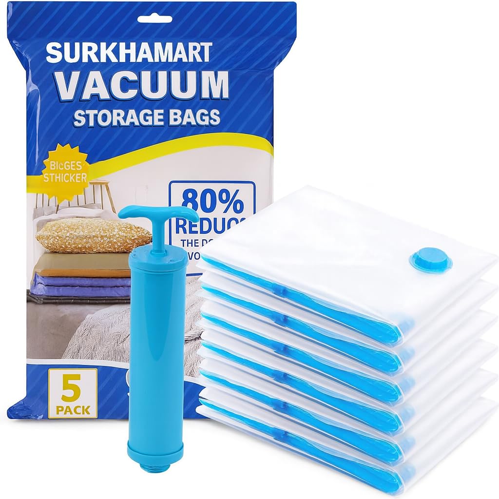 5Pack Travel Compression Vacuum Bags With Hand Pump (1 Large, 2 Medium, 2 Small) | Thick Pa+Pe Airtight Space Saver Bags For Cl